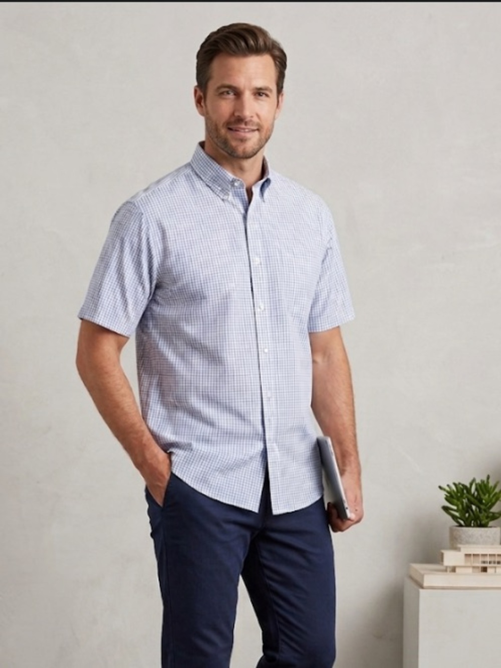 TravelSmart Blue & White Short Sleeve Button-Down Check Shirt